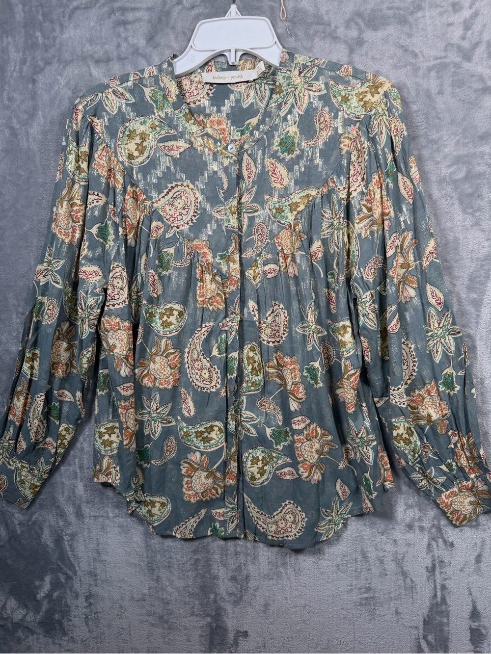 bishop + young sage blue paisley floral button-front blouse